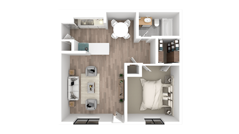 a 3d floor plan of a bedroom with a bathroom and a living room